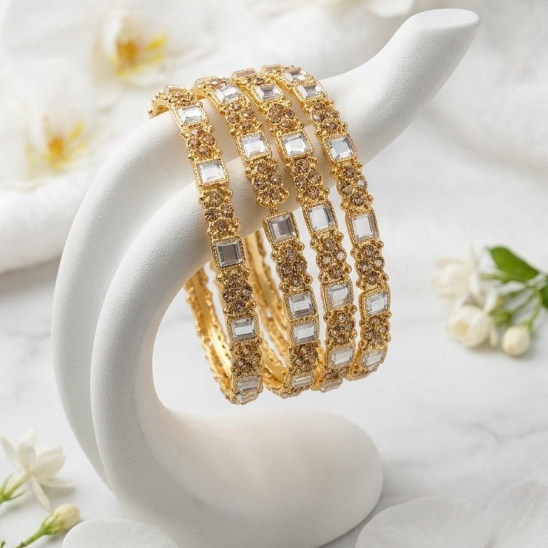 Royal Gold Plated Mirror Kundan Bangles Set - 4 Piece Traditional Bridal Churi with AD Zirconia